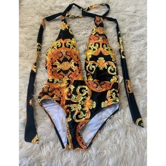 Orange, Yellow and black one piece low V cut Swim suit size Large - Picture 6 of 11